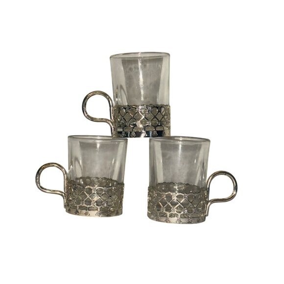 Set Of 3 Vintage mini Glass Cup With Silver-Tone Metal Holders & Handles - Picture 1 of 6